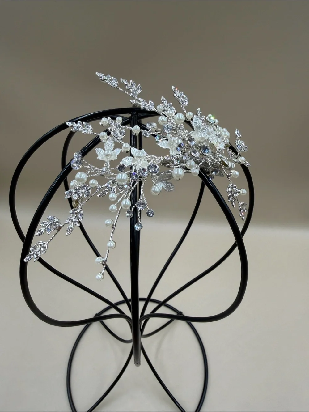 Bridal Pearl Crystal Leaf Hair Barrette Silver Wedding Clip 6”
